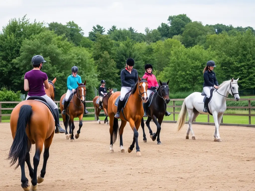 A focused image of a training workshop, with participants actively engaged in learning new riding techniques under the guidance of an experienced instructor.
